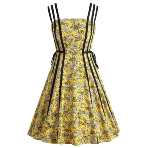 Self Tie Spaghetti Strap Print Dress - Yellow Fansmadedirect