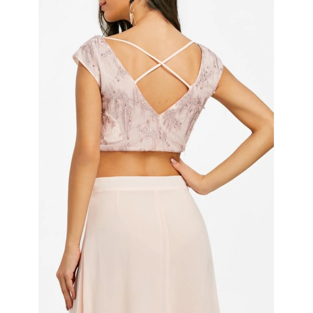 Sequin Beaded Criss Cross Crop Top - Apricot Fansmadedirect