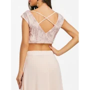 Sequin Beaded Criss Cross Crop Top - Apricot Fansmadedirect