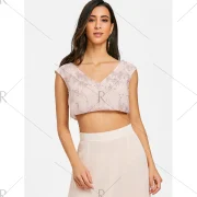 Sequin Beaded Criss Cross Crop Top - Apricot Fansmadedirect
