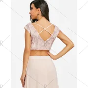 Sequin Beaded Criss Cross Crop Top - Apricot Fansmadedirect