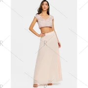 Sequin Beaded Criss Cross Crop Top - Apricot Fansmadedirect