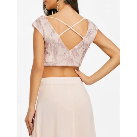 Sequin Beaded Criss Cross Crop Top - Apricot Fansmadedirect