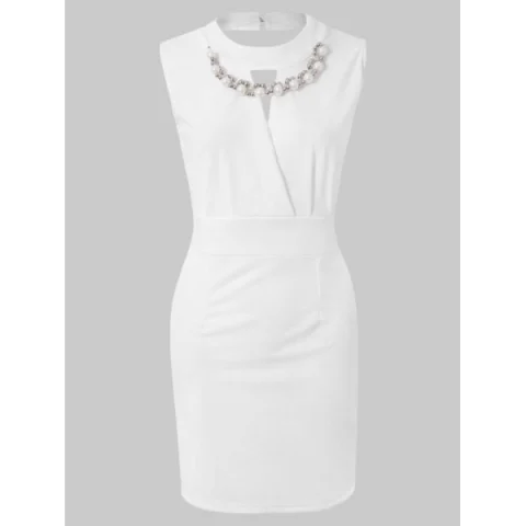 Sexy Bead Embellished Solid Color Party Dress For Women - White One Fansmadedirect