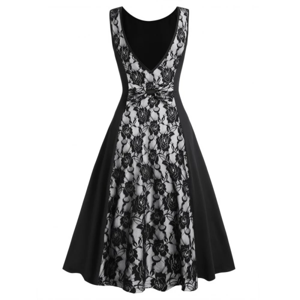 Sheer Lace Insert V Shaped Back Party Dress - Black Fansmadedirect