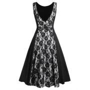 Sheer Lace Insert V Shaped Back Party Dress - Black Fansmadedirect