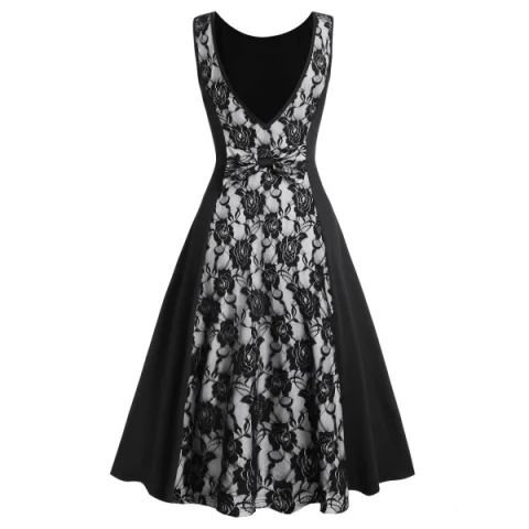 Sheer Lace Insert V Shaped Back Party Dress - Black Fansmadedirect