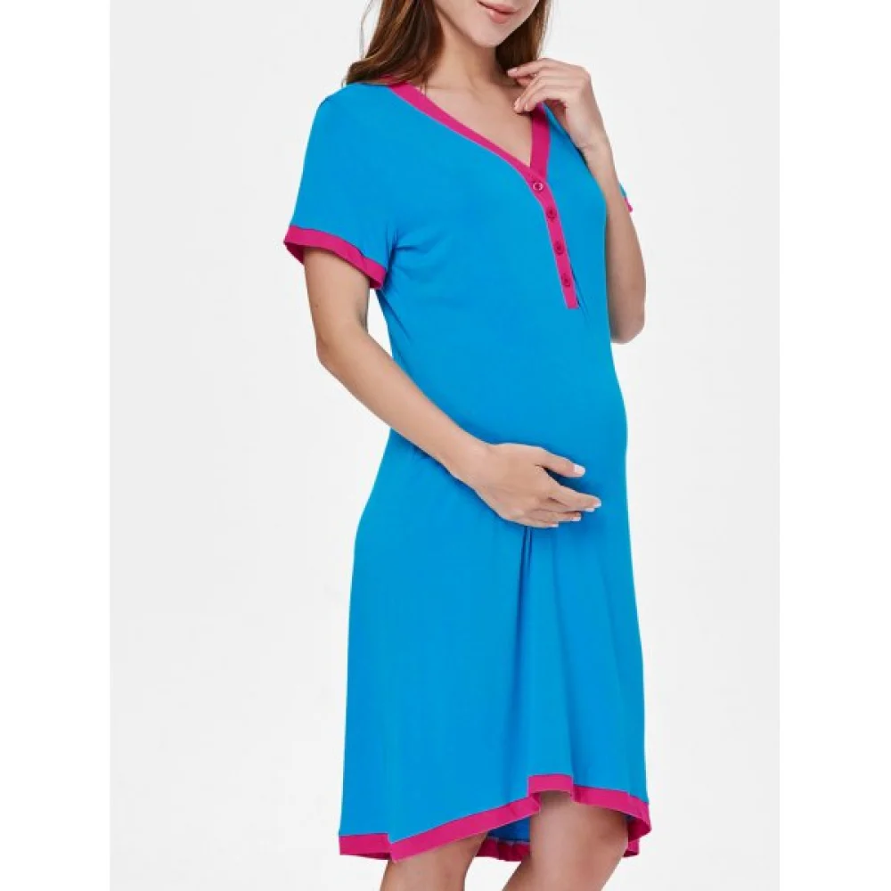 Short Sleeve Button Up Color Block Sleep Dress - Butterfly Blue Fansmadedirect