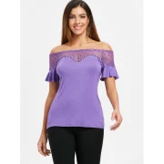 Short Sleeve Lace Trim T-shirt - Purple Fansmadedirect