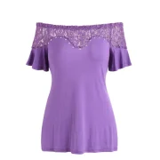 Short Sleeve Lace Trim T-shirt - Purple Fansmadedirect