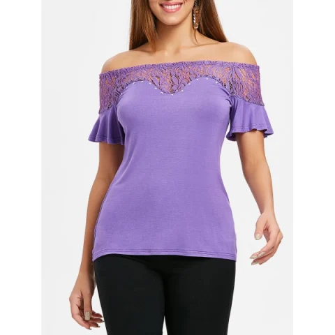 Short Sleeve Lace Trim T-shirt - Purple Fansmadedirect
