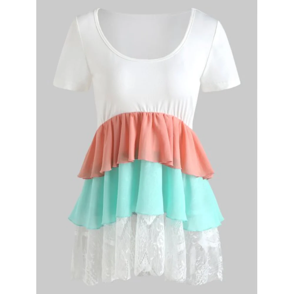 Short Sleeve Three Tones Swingy Top - White Fansmadedirect