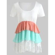 Short Sleeve Three Tones Swingy Top - White Fansmadedirect