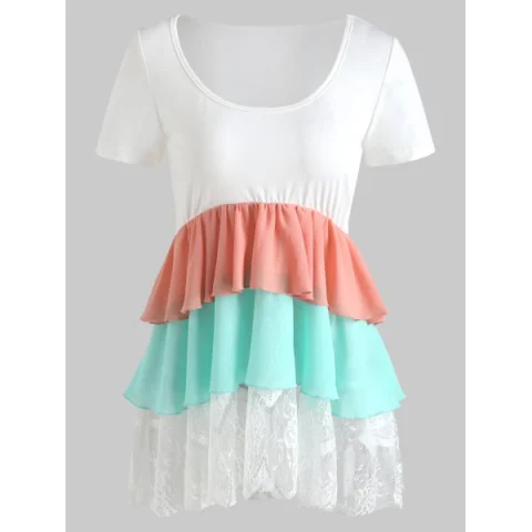 Short Sleeve Three Tones Swingy Top - White Fansmadedirect