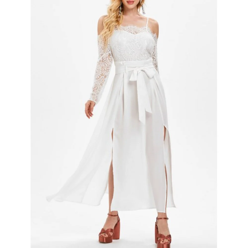 Shoulder Cut ace Sleeve ong Dress - White Fansmadedirect