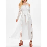 Shoulder Cut ace Sleeve ong Dress - White Fansmadedirect
