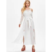 Shoulder Cut ace Sleeve ong Dress - White Fansmadedirect