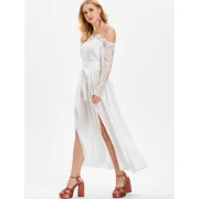 Shoulder Cut ace Sleeve ong Dress - White Fansmadedirect