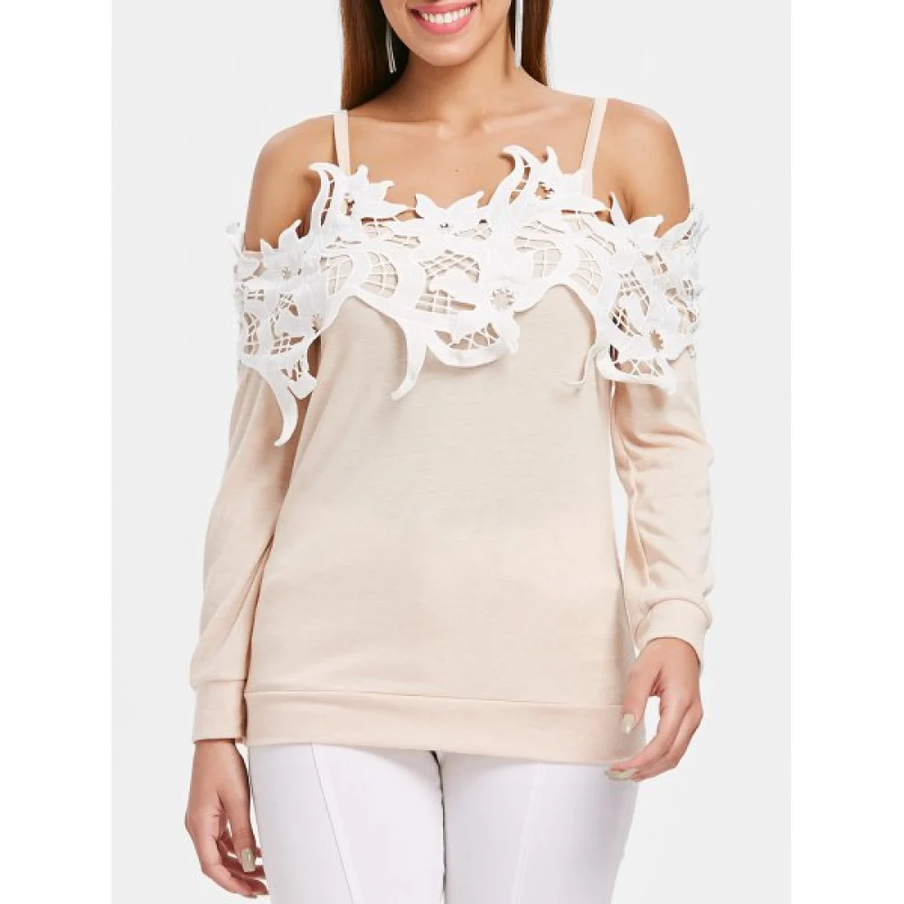Shoulder Cut Lace Embellished Long Sleeve T-shirt - Warm White Fansmadedirect