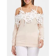 Shoulder Cut Lace Embellished Long Sleeve T-shirt - Warm White Fansmadedirect