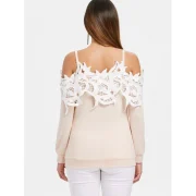 Shoulder Cut Lace Embellished Long Sleeve T-shirt - Warm White Fansmadedirect