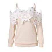 Shoulder Cut Lace Embellished Long Sleeve T-shirt - Warm White Fansmadedirect