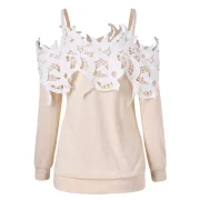 Shoulder Cut Lace Embellished Long Sleeve T-shirt - Warm White Fansmadedirect