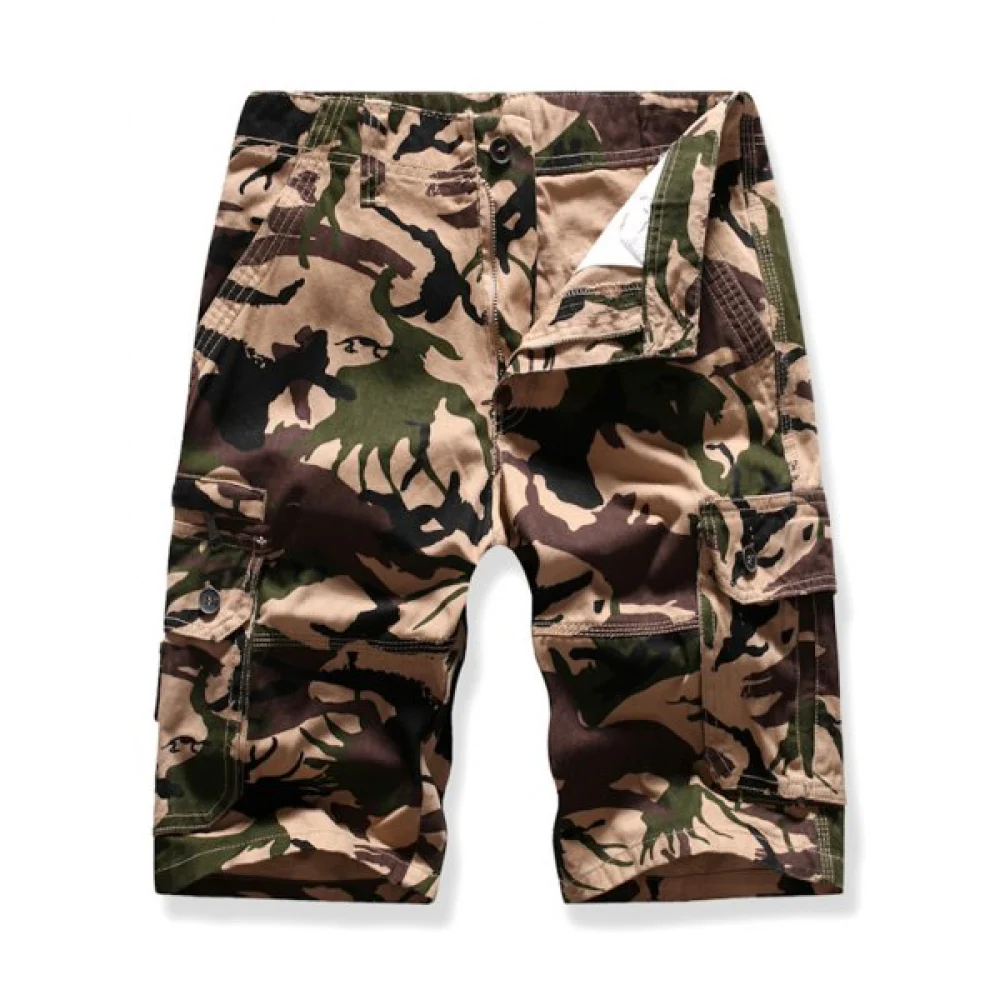 Side Flap Pocket Camouflage Print Cargo Shorts - Khaki Fansmadedirect
