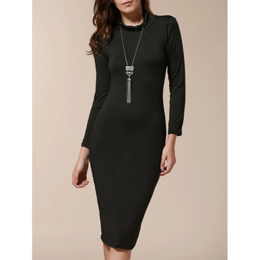 Simple Turtle Neck Long Sleeve Slimming Solid Color Women's Dress - Black Fansmadedirect