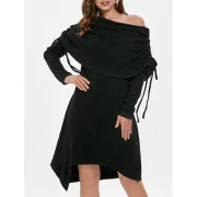 Skew Neck Asymmetrical Tunic Dress - Black Fansmadedirect