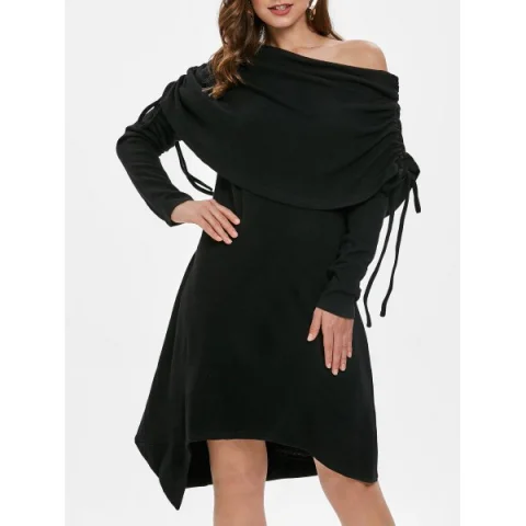 Skew Neck Asymmetrical Tunic Dress - Black Fansmadedirect
