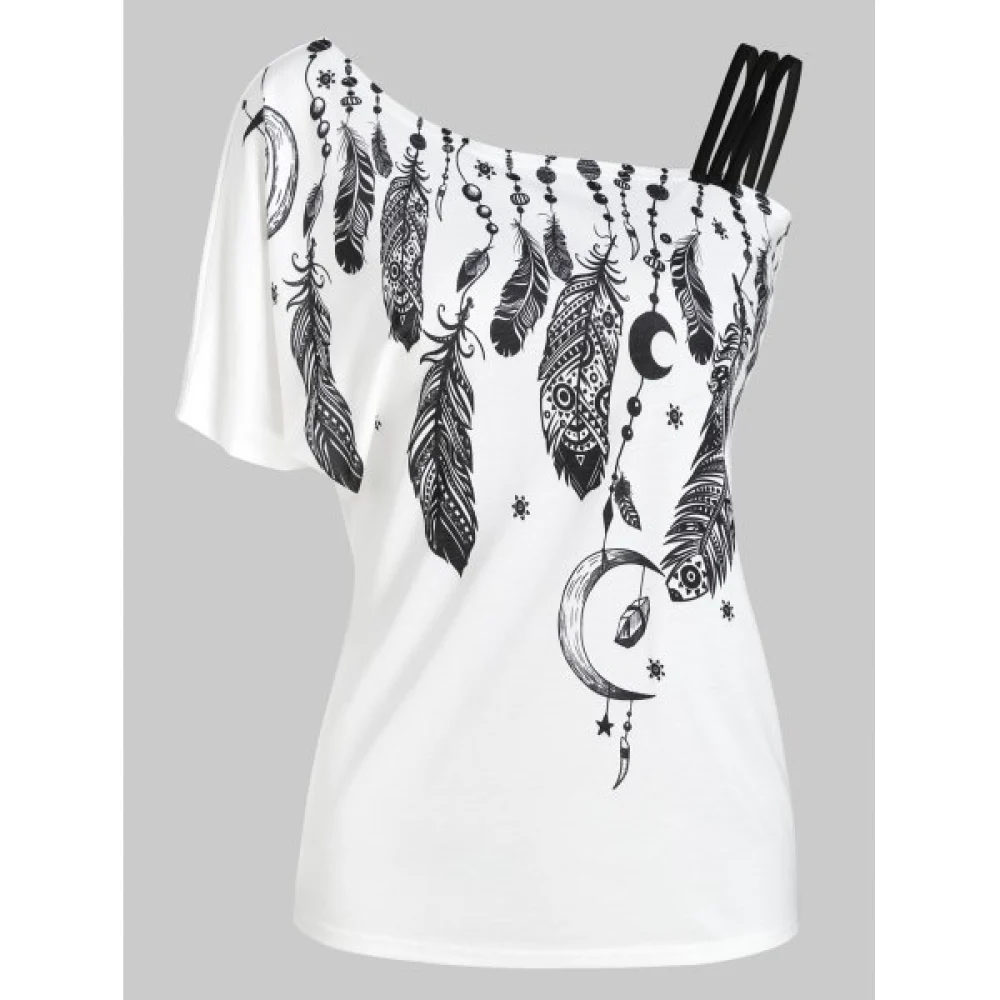 Skew Neck Feather Print Short Sleeve T-shirt - White Fansmadedirect
