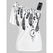 Skew Neck Feather Print Short Sleeve T-shirt - White Fansmadedirect
