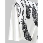 Skew Neck Feather Print Short Sleeve T-shirt - White Fansmadedirect