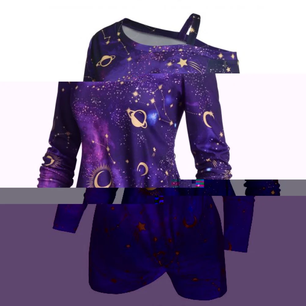 Skew Neck Halloween Star oon Printed Asymmetric Sweatshirt - Purple Fansmadedirect