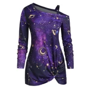 Skew Neck Halloween Star oon Printed Asymmetric Sweatshirt - Purple Fansmadedirect