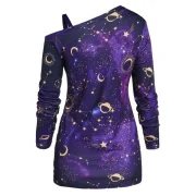 Skew Neck Halloween Star oon Printed Asymmetric Sweatshirt - Purple Fansmadedirect