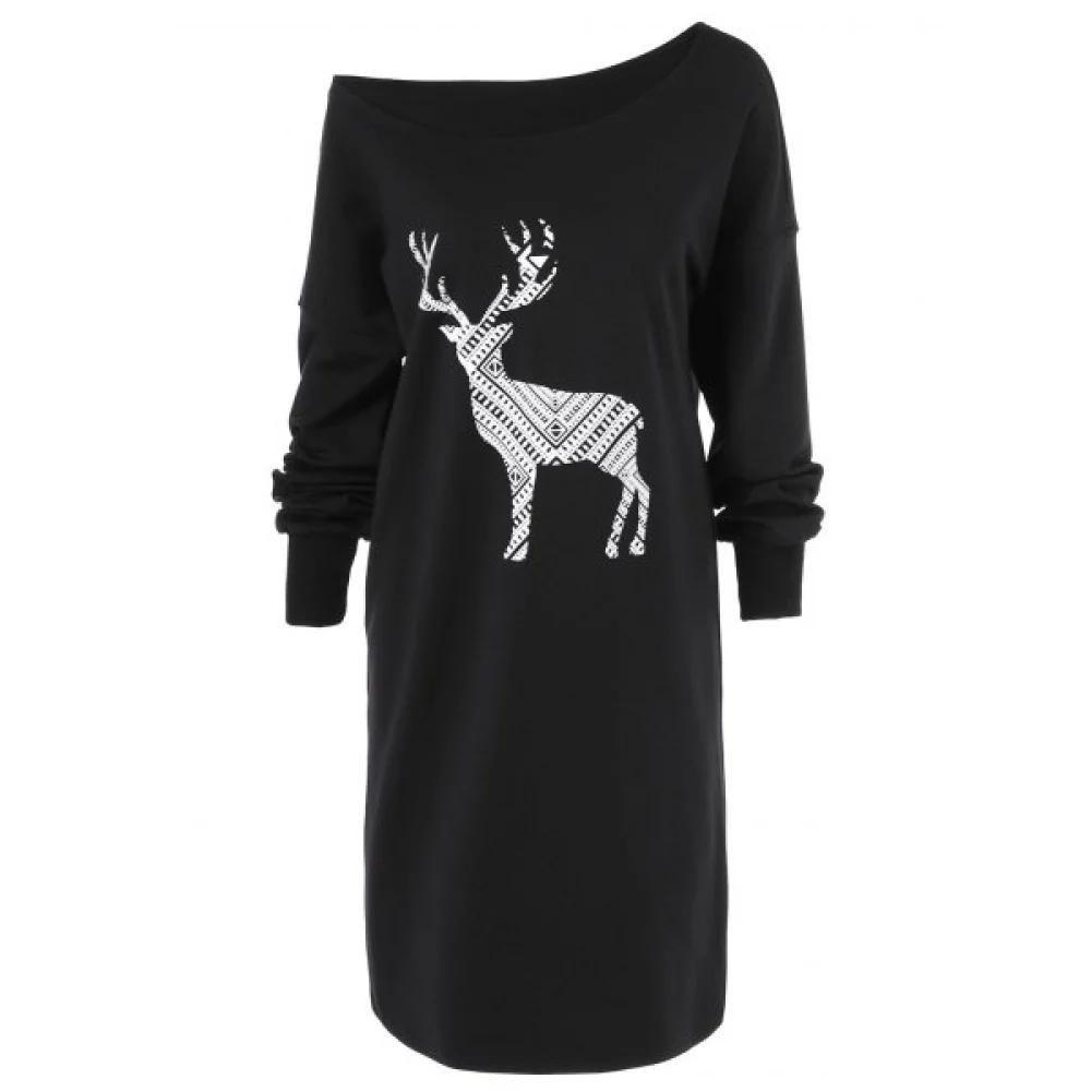 Skew Neck Pullover Sweatshirt With ELK Patterned - Black Fansmadedirect