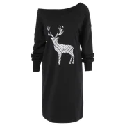 Skew Neck Pullover Sweatshirt With ELK Patterned - Black Fansmadedirect