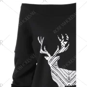 Skew Neck Pullover Sweatshirt With ELK Patterned - Black Fansmadedirect