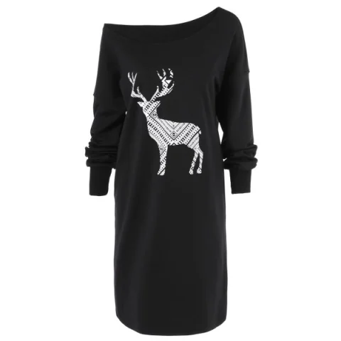 Skew Neck Pullover Sweatshirt With ELK Patterned - Black Fansmadedirect