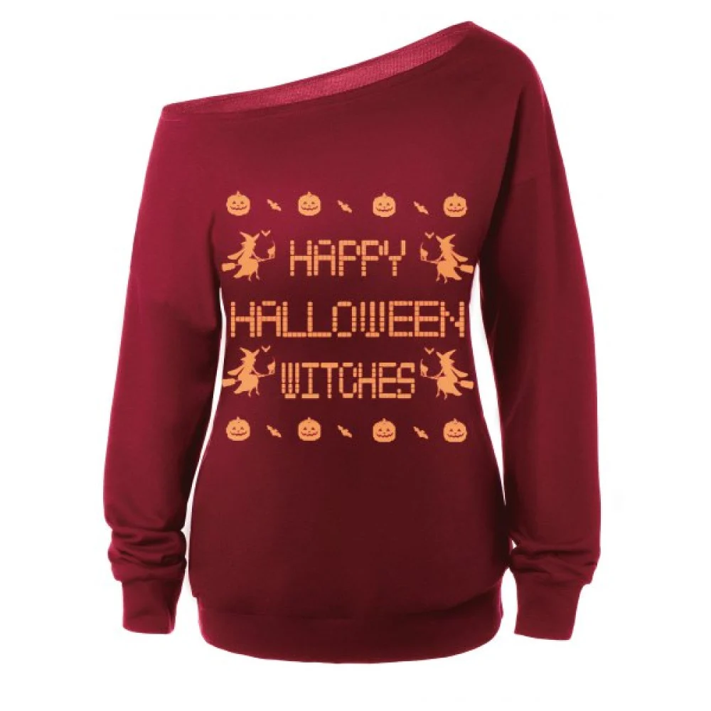Skew Neck Witches Print Halloween Sweatshirt - Red Fansmadedirect