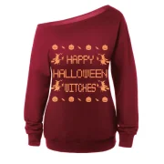 Skew Neck Witches Print Halloween Sweatshirt - Red Fansmadedirect