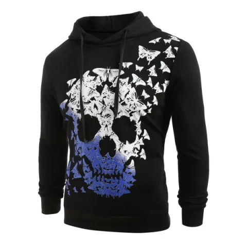 Skull and Butterfly Print Pullover Hoodie - Black Fansmadedirect
