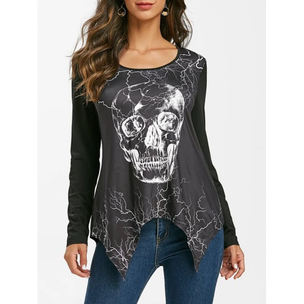 Skull Lightning Print Long Sleeve T Shirt - Black Fansmadedirect