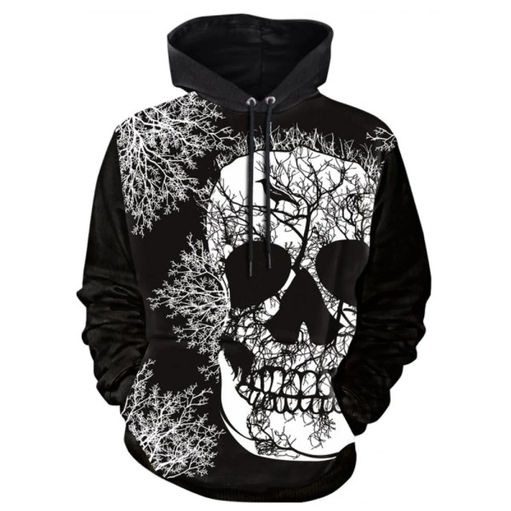 Skull Tree Print Long Sleeve Hoodie - Black Fansmadedirect
