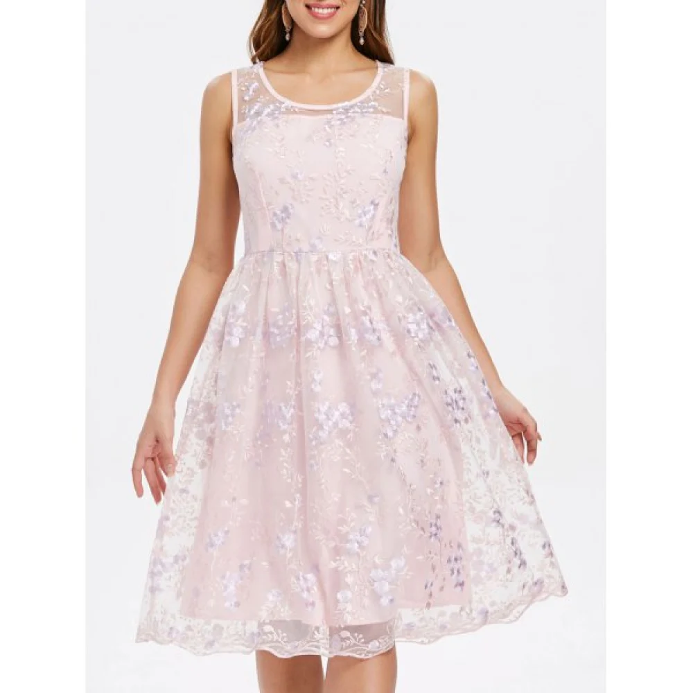 Sleeveless Floral Embroidery Swing Dress - Pink Bubblegum Fansmadedirect