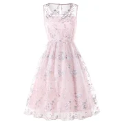 Sleeveless Floral Embroidery Swing Dress - Pink Bubblegum Fansmadedirect