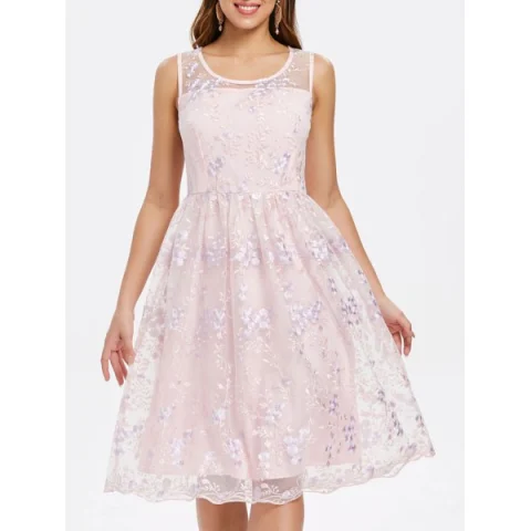 Sleeveless Floral Embroidery Swing Dress - Pink Bubblegum Fansmadedirect