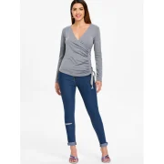 Slim Fit Criss Cross Ruched Top - Gray Fansmadedirect